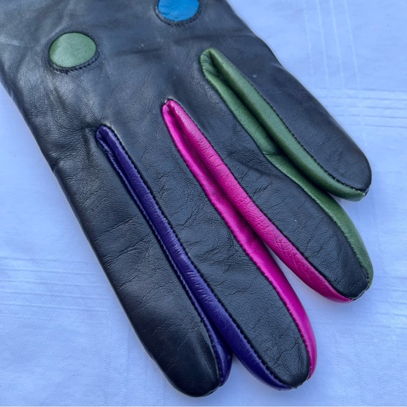 Vintage Black Leather Gloves Polka Dot with Hot Pink Trim - Picture 5 of 10